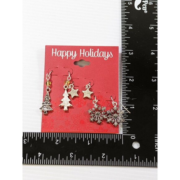 Happy Holidays Set of 3 Silver Tone Christmas Tree Snowflake Star Dangle Earring - Picture 6 of 6